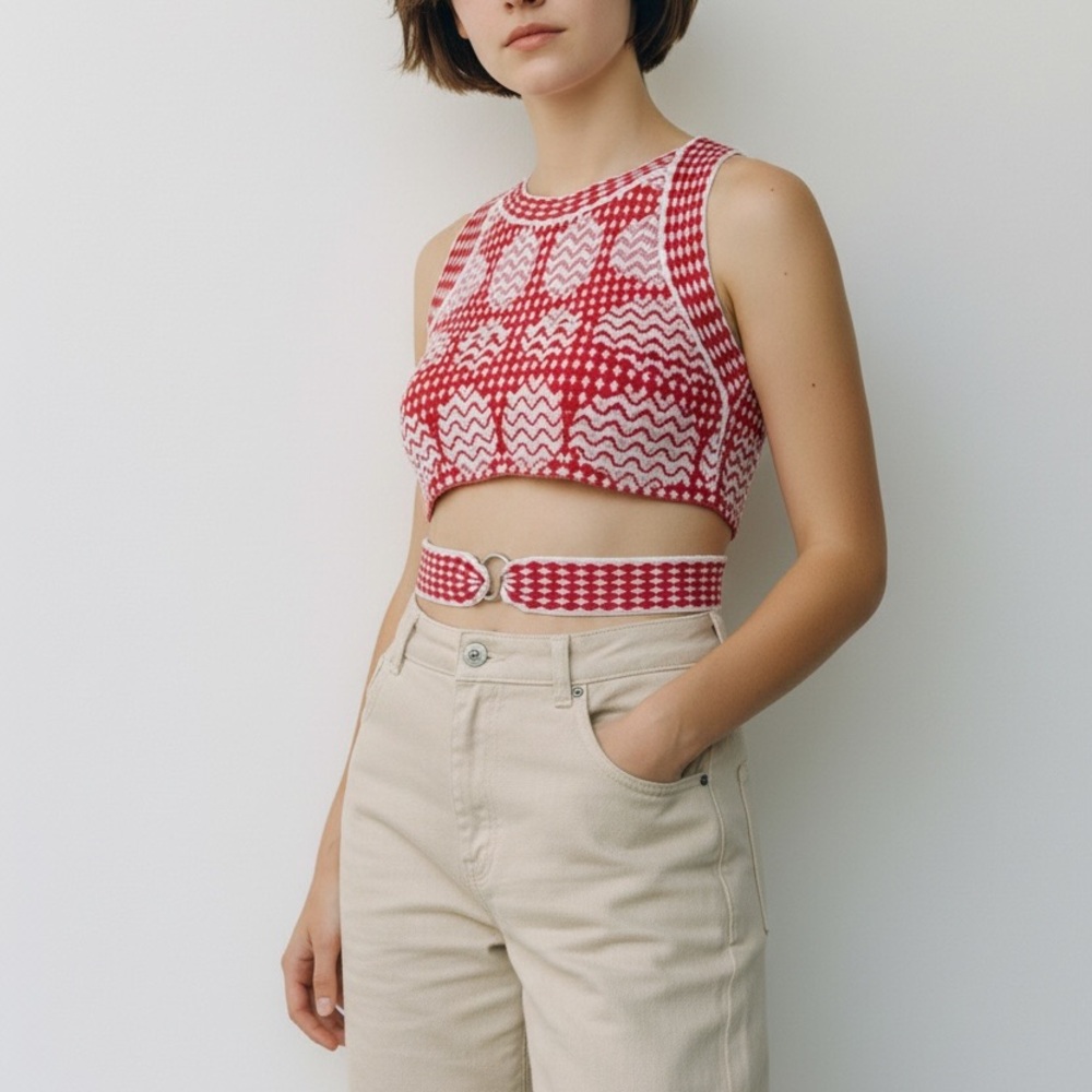 Alaïa Printed Crew Neck Crop Top